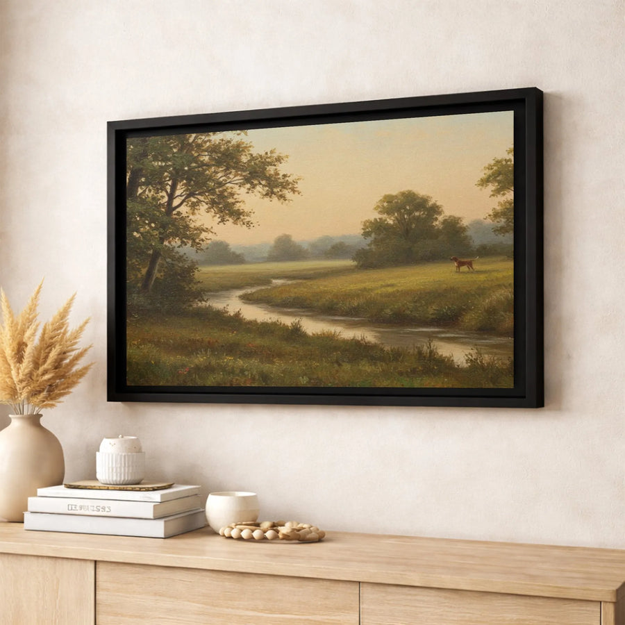 Pastoral Landscape Canvas Art | Vintage River Meadow with Dog Painting | 1.25 Inch Gallery Wrap | Premium Home Decor Wall Print