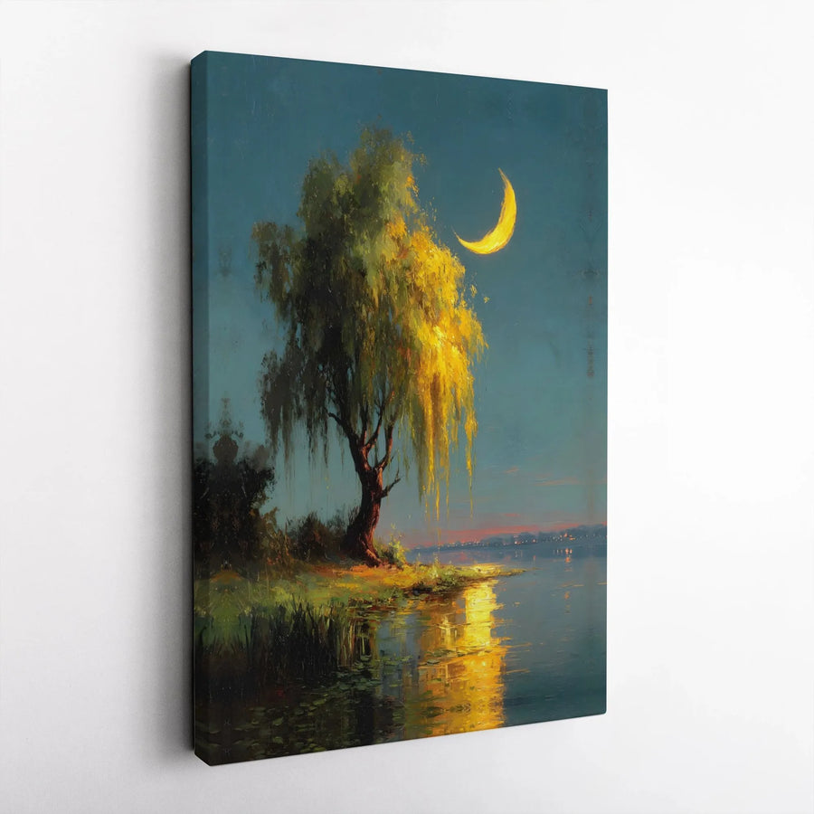 Weeping Willow Canvas Wall Art | Golden Crescent Moon Lake Scenery | Premium Gallery Wrap Print | Serene Nature Home Decor Gift