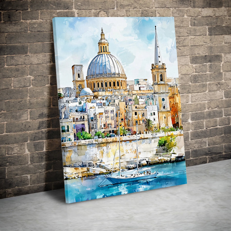 Valletta Malta Cityscape Canvas Art | Mediterranean Basilica Watercolor Print | 1.25-Inch Premium Gallery Wrap | Travel Decor Gift