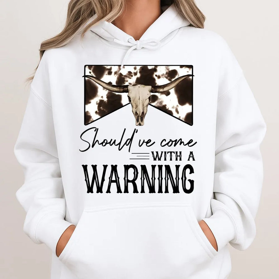 Should Have Come With A Warning Hoodie | Longhorn Cow Skull Graphic | Premium Cotton Blend | Western Country Music Lover Gift Unisex Sweatshirt