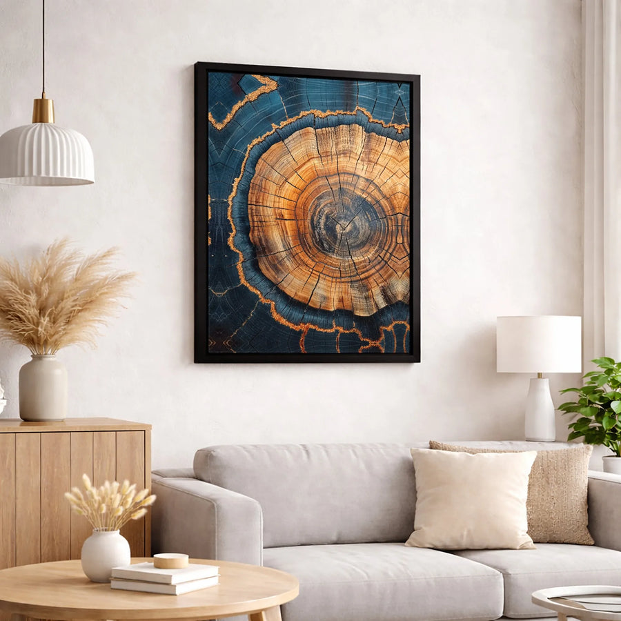 Abstract Tree Ring Canvas Wall Art | Blue and Gold Wood Slice Print | 1.25-Inch Thick Gallery Wrap | Modern Nature Home Decor Gift