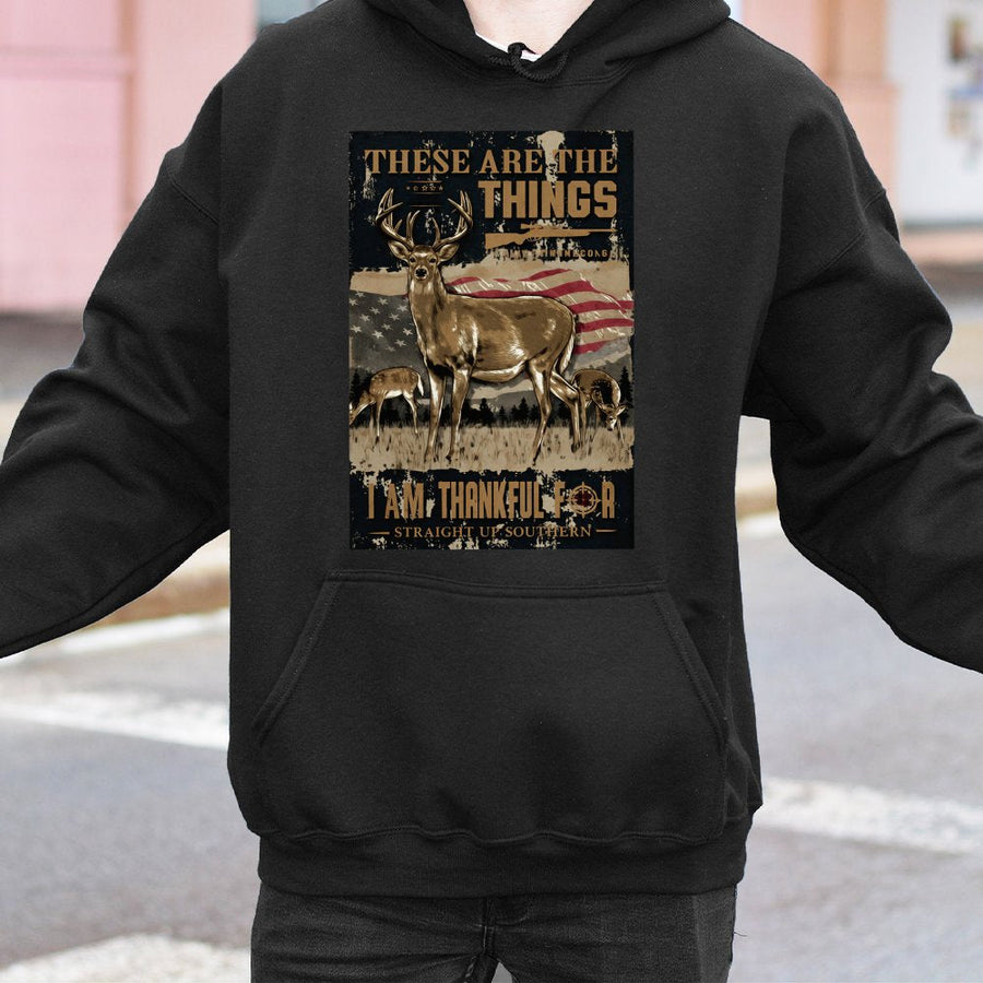 Deer Hunting Hoodie | Patriotic American Flag & Whitetail Buck | Premium Cotton-Blend Pullover | Gift for Outdoorsmen & Hunters