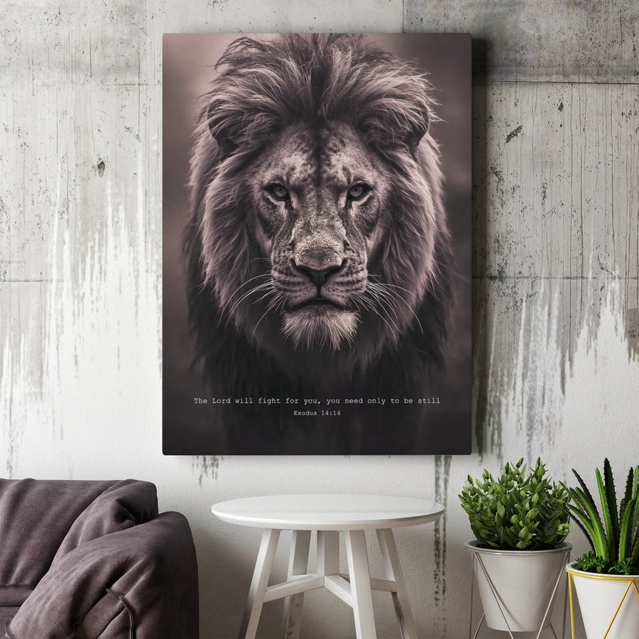 Lion Scripture Vertical Canvas | Exodus 14:14 Bible Verse Wall Art | 1.25" Gallery Wrap Premium Print | Christian Faith Encouragement Gift