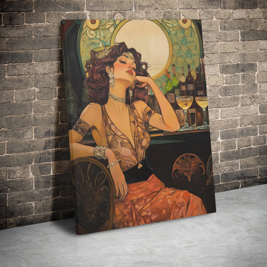 Art Nouveau Woman Wall Art | Retro Bar Portrait Canvas Print | Gallery-Wrapped Premium Decor | Sophisticated Gift for Art Lovers