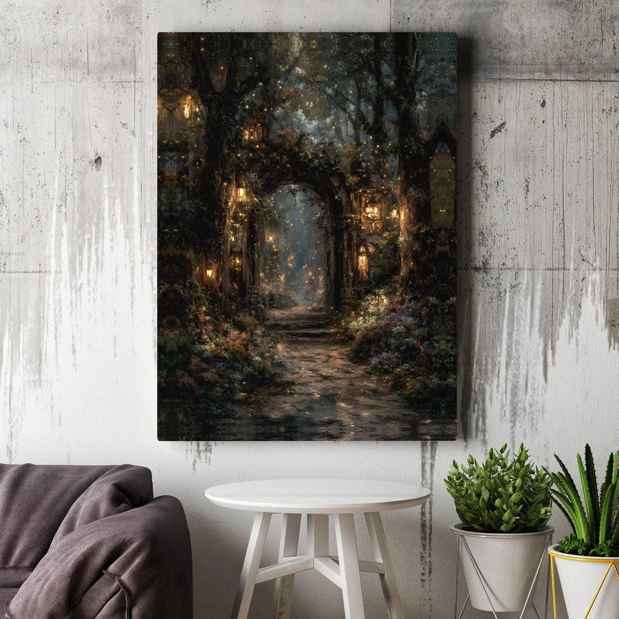 Enchanted Forest Canvas Wall Art | Whimsical Glowing Lantern Archway | Premium Gallery Wrap Print | Magical Fairy Tale Home Decor Gift
