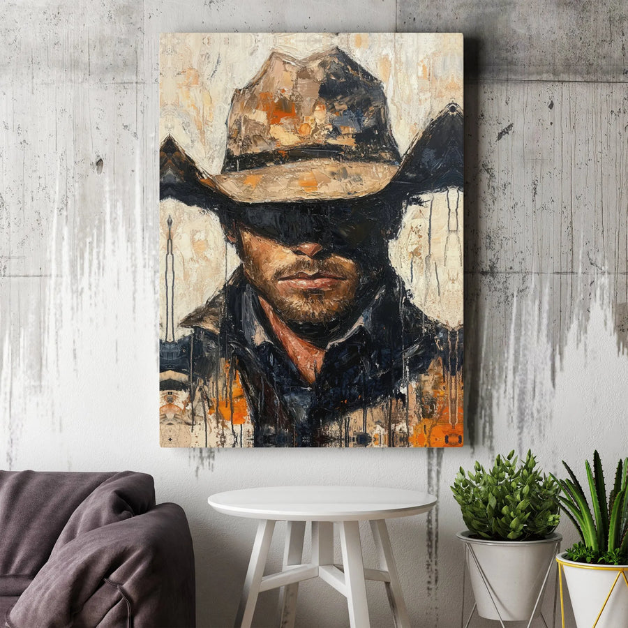 Cowboy Canvas Wall Art | Modern Abstract Western Portrait | Premium Gallery Wrapped Canvas | Rustic Home Decor Gift for Men