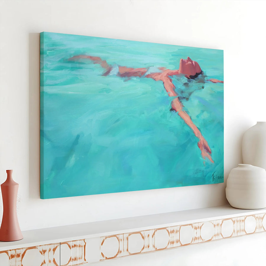 Woman Floating in Water Canvas Print | Impressionist Style Pool Painting | Premium Gallery Wrap Art | Modern Living Room Wall Decor