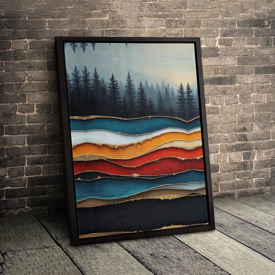 Abstract Mountain Wall Art | Misty Pine Forest With Gold Accents | Premium Gallery Wrap Canvas | Modern Minimalist Home Decor Gift