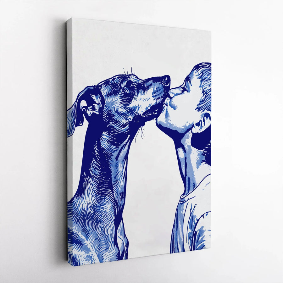 Greyhound Dog Canvas Wall Art | Blue and White Illustration of Child and Pet | Premium Gallery-Wrapped Portrait | Heartwarming Gift for Dog Lovers