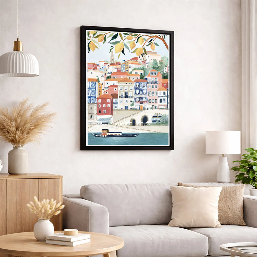 Mediterranean Coastal City Canvas Art | Lemon Tree Branch Illustration | Gallery Quality Thick Frame | Italian Summer Wall Decor for Home