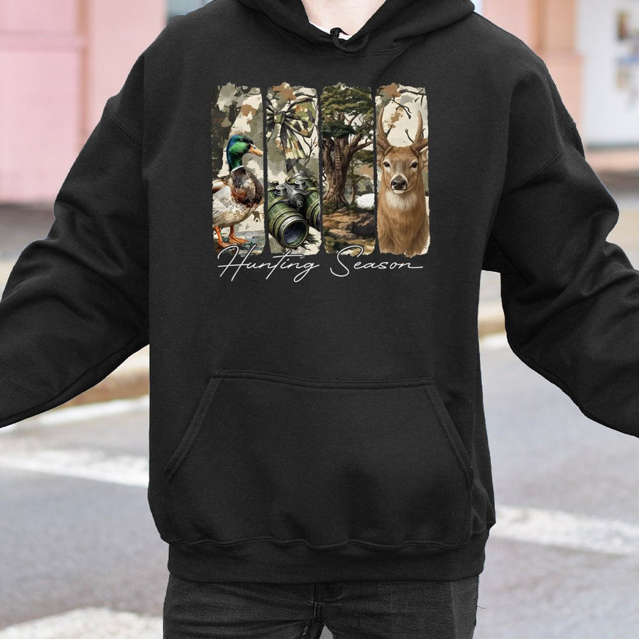Hunting Season Hoodie | Camo Coquette Bow Deer and Duck Print | Premium Cotton-Poly Blend | Outdoor Lover Gift for Women and Men