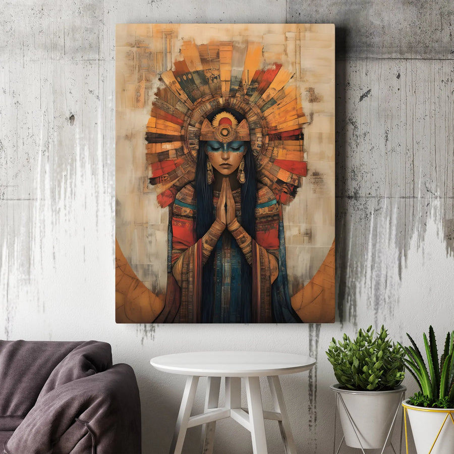 Aztec Goddess Wall Art | Spiritual Praying Woman With Ornate Headdress | Premium Gallery Wrapped Canvas | Southwestern Home Decor Gift