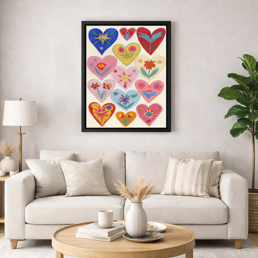 Colorful Folk Art Hearts Wall Art | Whimsical Floral & Star Motif Canvas | Premium Gallery-Quality Print | Bohemian Home Decor Gift