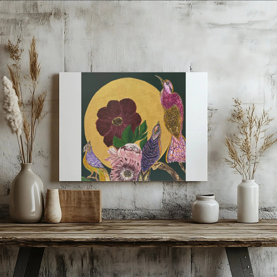 Bohemian Birds Canvas Wall Art | Vibrant Floral and Gold Moon Print | Premium Fade-Resistant Print | Eclectic Home Decor Gift