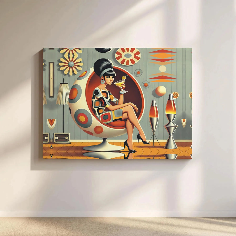 Mid-Century Modern Horizontal Canvas | Retro 1960s Atomic Era Woman in Ball Chair Art | Premium Gallery Wrap Wall Art | Cool Vintage Home Decor Gift