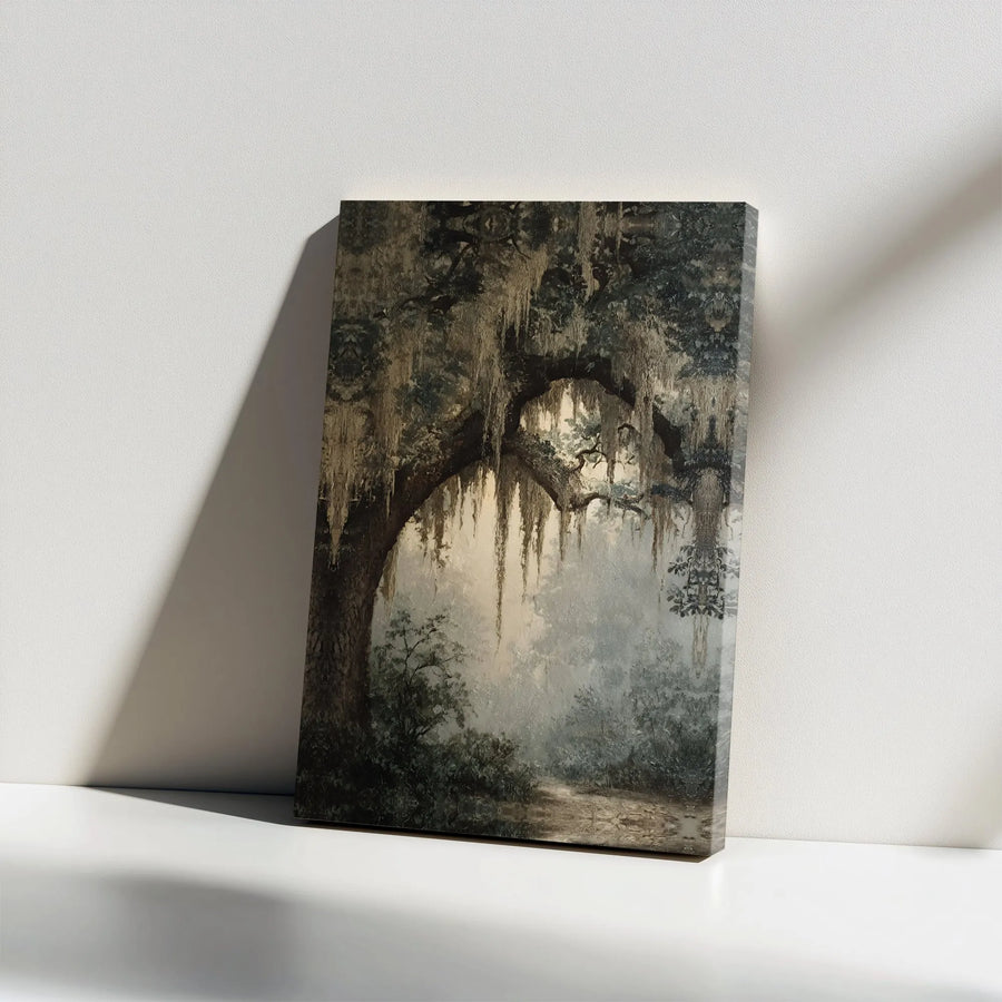 Mystical Oak Tree Canvas Print | Moody Forest Landscape with Spanish Moss | Premium Canvas Art Print | Collector's Living Room Wall Decor