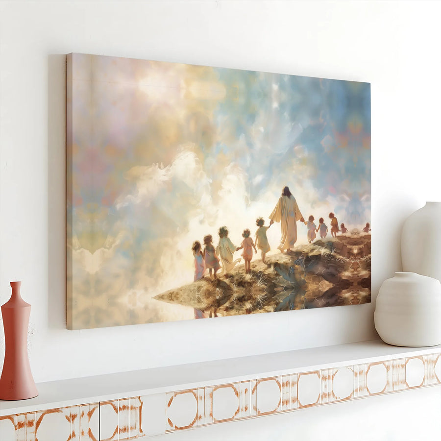 Jesus Leading Children Canvas Wall Art | Inspirational Watercolor Print | 1.25 Inch Gallery Wrap | Religious Home Decor Gift