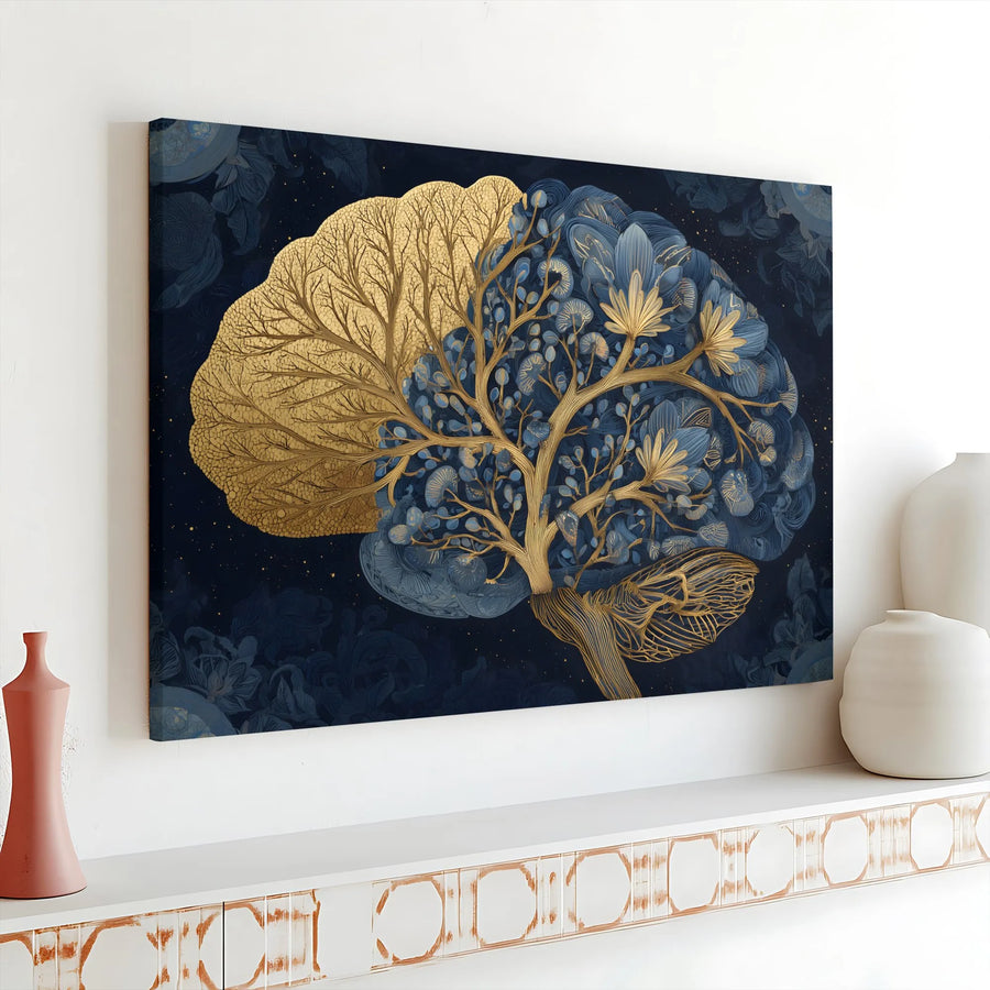 Anatomy Brain Canvas Print | Gold & Blue Botanical Tree of Life | Premium Gallery Wrapped Wall Art | Neurology Office Decor Gift for Doctor