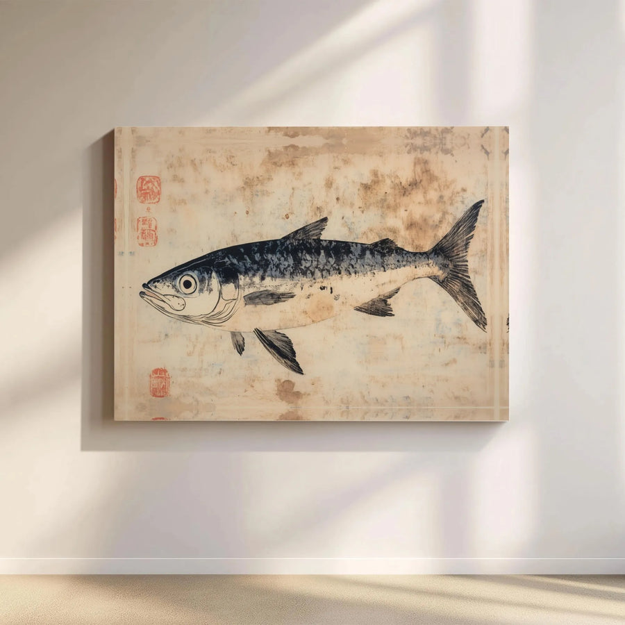 Japanese Gyotaku Fish Canvas Print | Vintage Style Fishing Wall Art | Premium Gallery Wrapped Decor | Unique Gift for Fisherman & Nautical Home