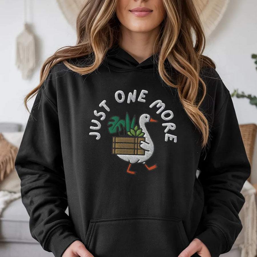 Funny Plant Lover Goose Hoodie | Botanical 'Just One More' Graphic Print | Soft Cotton Blend Pullover | Unique Gardener Gift for Plant Moms