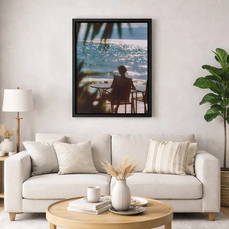 Seaside Woman With Wine Glass Canvas Wall Art | Sparkling Sunset Ocean View | Premium 1.25" Gallery Wrap | Relaxing Coastal Home Decor Gift