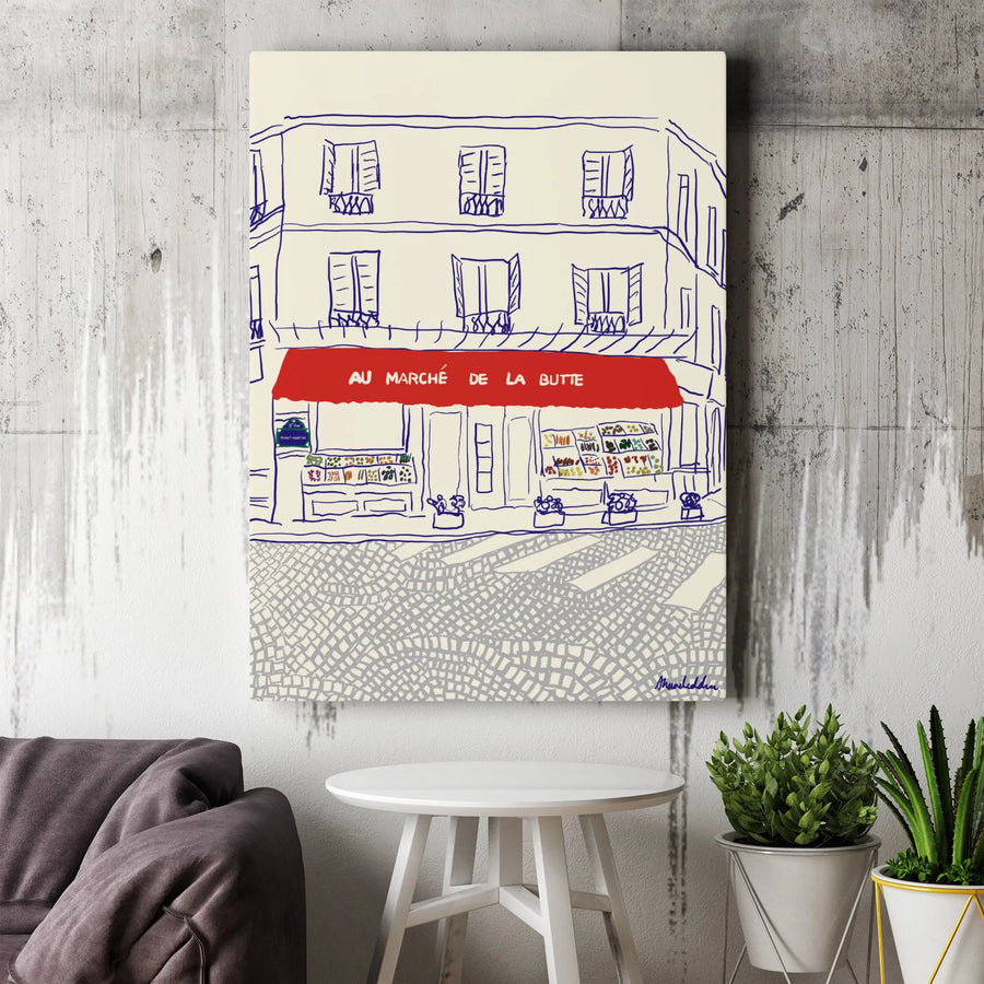 Paris Street Art Canvas Print | Au Marché De La Butte Sketch | Premium Gallery-Wrapped Decor | Travel-Inspired French Market Wall Art
