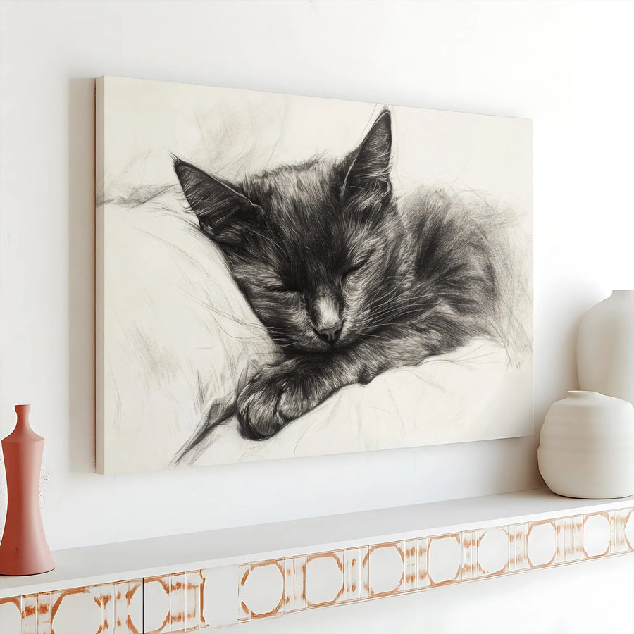 Sleeping Kitten Wall Art | Pencil Sketch Cat Illustration | Premium Gallery Wrap Canvas | Nursery Or Home Office Decor Gift