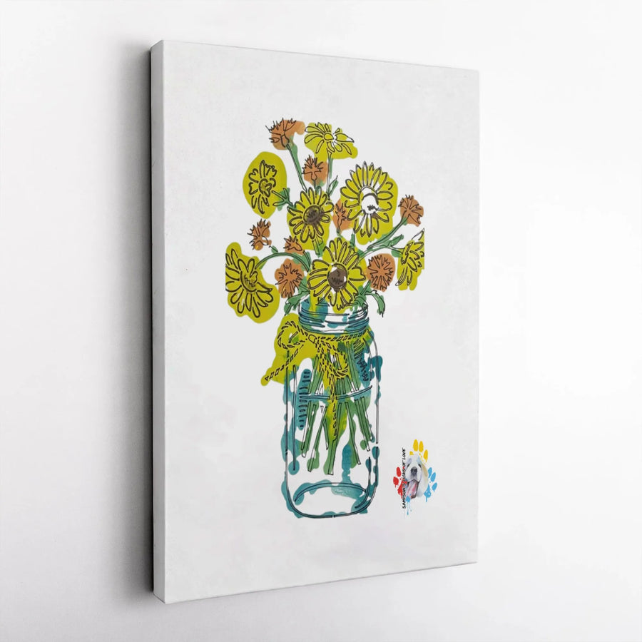 Yellow Sunflower Mason Jar Canvas | Dog Paw Print Watercolor Wall Art | Premium Gallery Wrap Print | Modern Farmhouse Kitchen Home Decor Gift