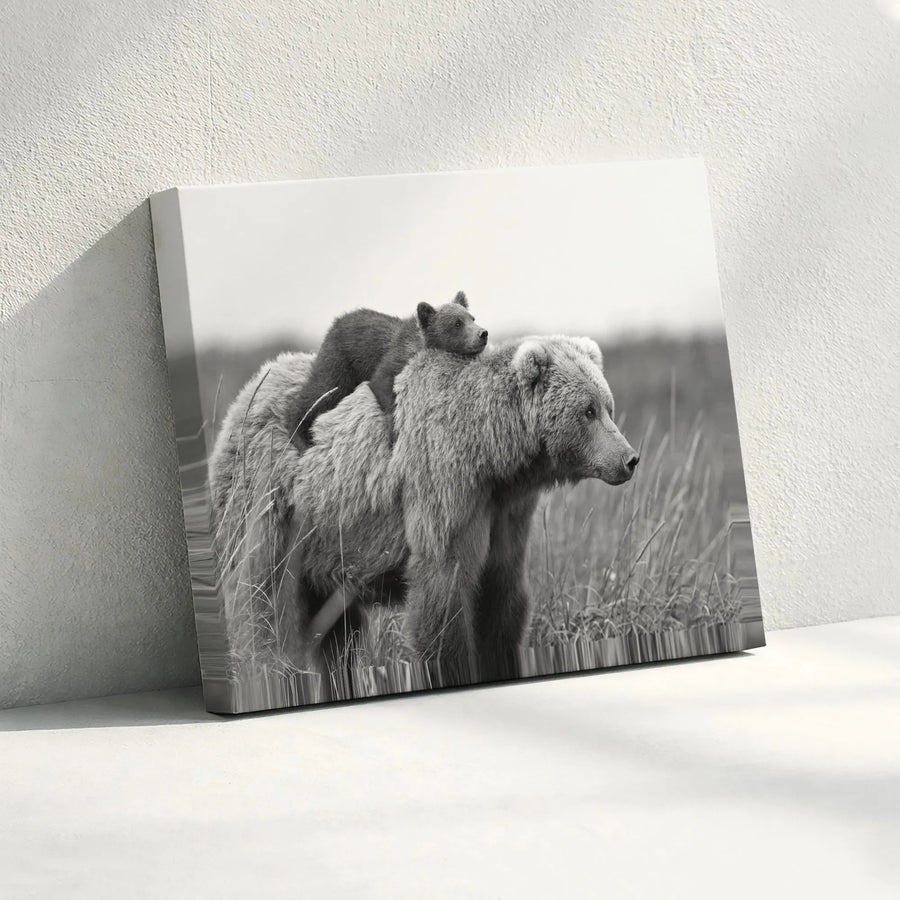 Grizzly Bear and Cub Canvas Print | Black and White Wildlife Photography | Premium Gallery Wrapped Canvas | Rustic Nature Decor Gift for Animal Lover