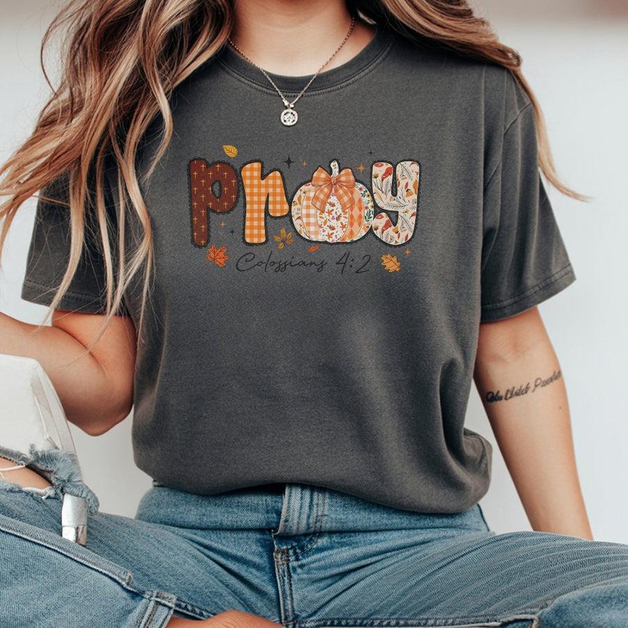 Pray Colossians 4:2 Fall T-Shirt | Pumpkin Spice Aesthetic Design | 100% Cotton Premium Tee | Christian Faith Gift for Women