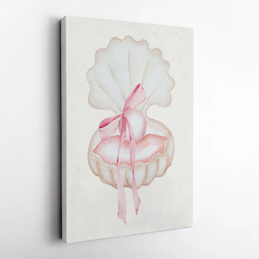 Seashell Pearl Wall Art | Watercolor Coastal Decor with Pink Bow | Premium Gallery Wrap Canvas | Elegant Nursery or Bedroom Gift