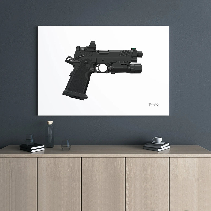 Tactical Pistol Canvas Print | Modern 2011 Handgun with Red Dot & Light | Premium 1.25" Gallery Wrap | Man Cave or Office Wall Art Gift