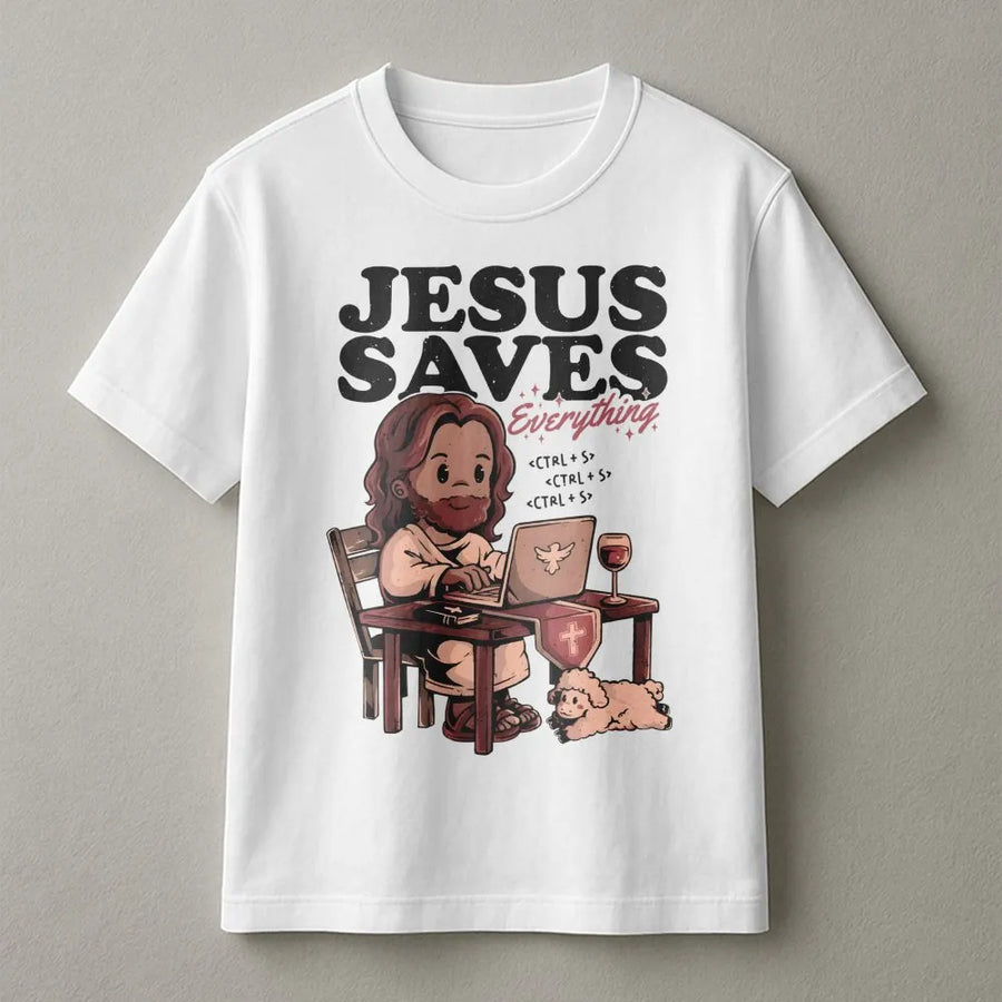 Jesus Saves Everything T-Shirt | Funny Programmer Christian Graphic Tee | Premium Soft Cotton Gift | Religious Coder Apparel for Men and Women