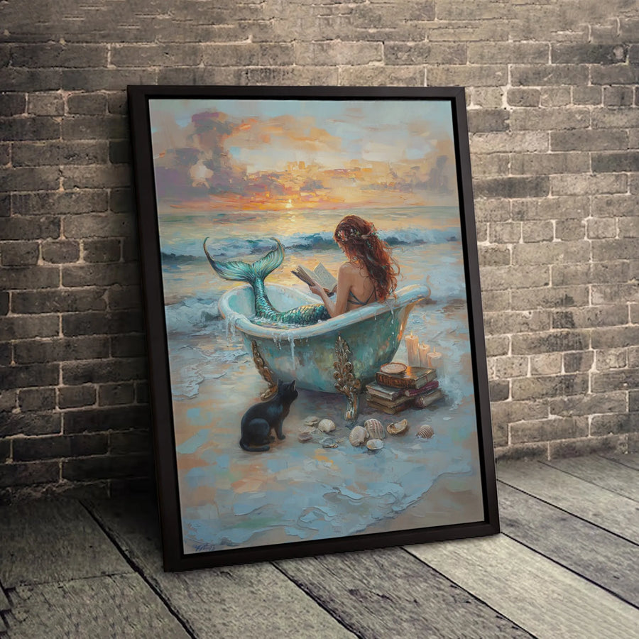 Mermaid Reading in Bathtub Canvas Art | Whimsical Ocean Sunset Decor | Premium Gallery-Wrapped Print | Gift for Book Lovers and Fantasy Fans