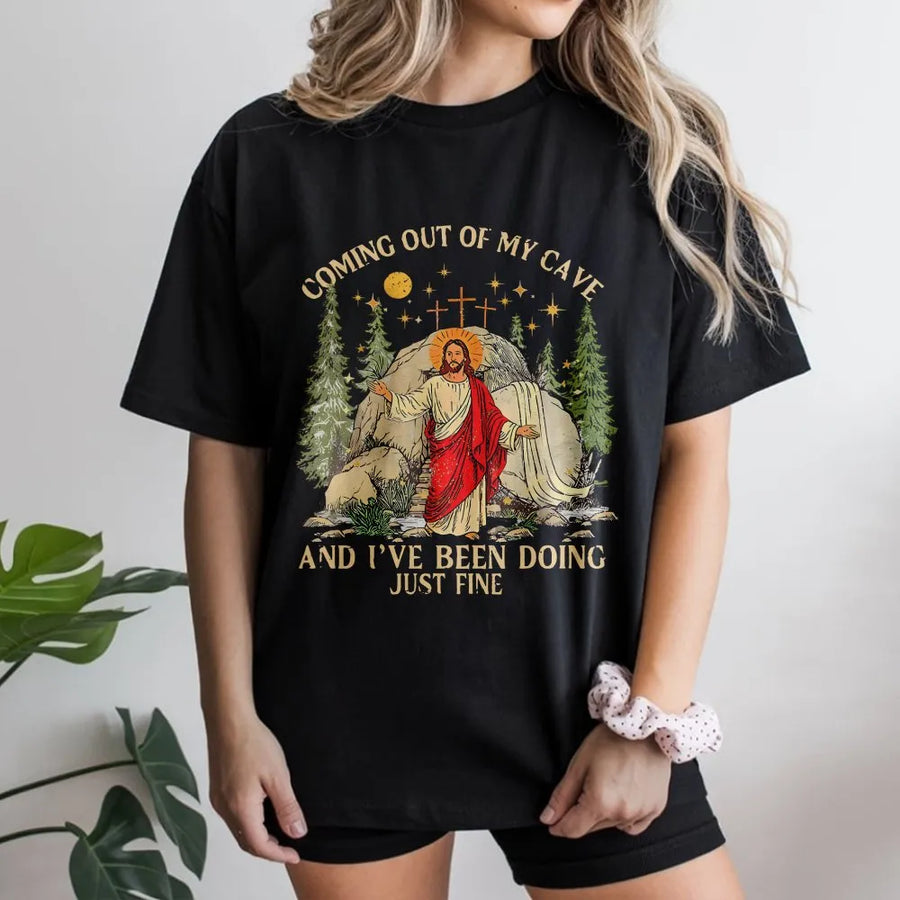 Jesus Coming Out Of My Cave T-Shirt | Funny Christian Easter Graphic Tee | Premium 100% Cotton Apparel | Religious Gift For Men And Women