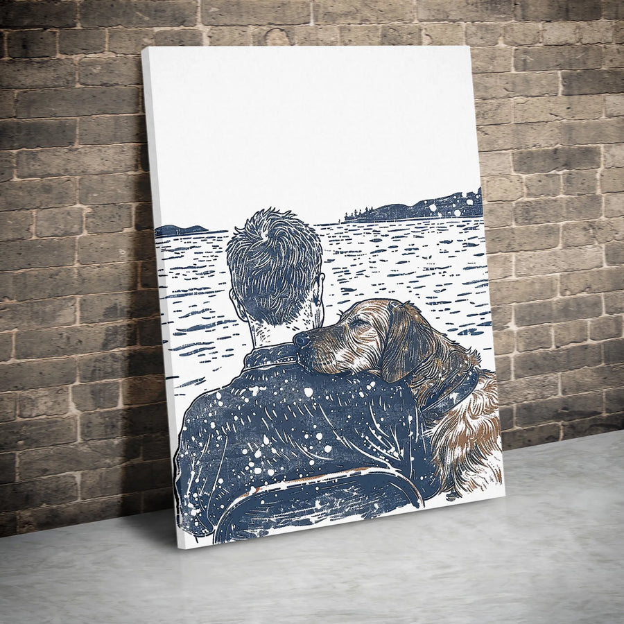 Man and Dog Canvas Wall Art | Lakeside Companion Sketch Print | Premium Gallery Wrapped Canvas | Gift for Dog Dad