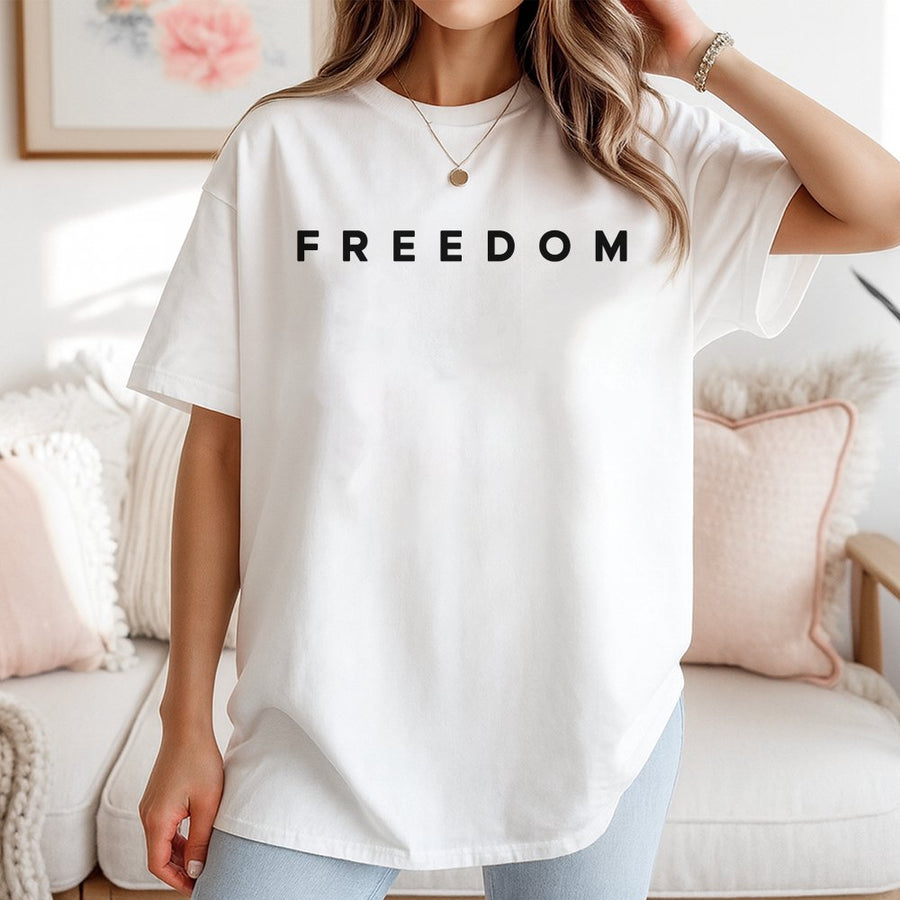 Freedom Graphic T-Shirt | Minimalist Typography Print | 100% Cotton Premium Tee | Unisex Everyday Casual Gift for Patriots