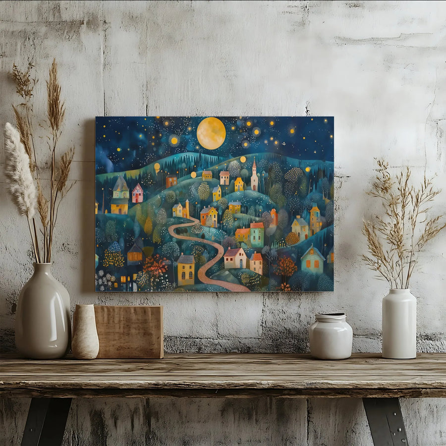 Whimsical Village Night Canvas | Moonlit Hill Landscape Wall Art | Premium 1.25 Inch Gallery Wrap | Dreamy Bedroom Living Room Decor