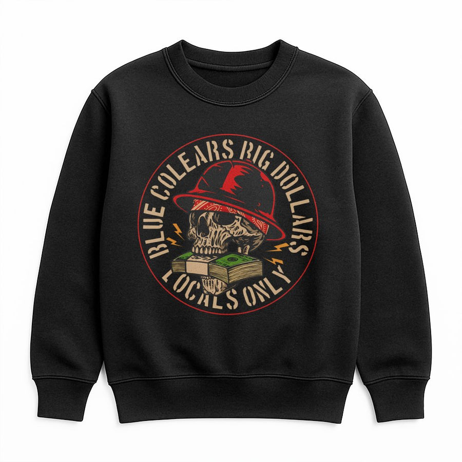 Blue Collar Sweatshirt | Skull In Hard Hat Money Graphic | Premium Cotton Blend | Gift For Construction Workers And Hustlers