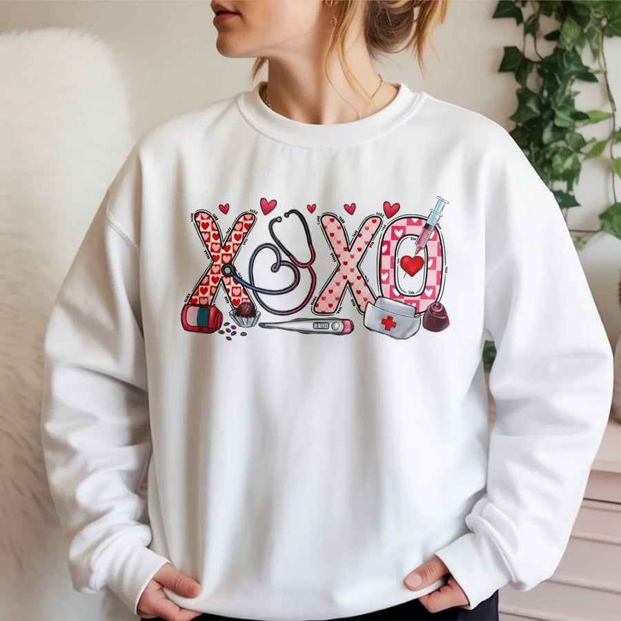 Nurse Valentine Sweatshirt | XOXO Medical Heart Design | Premium Cotton Blend | Cute Valentines Day Gift for Nurses and Nursing Students
