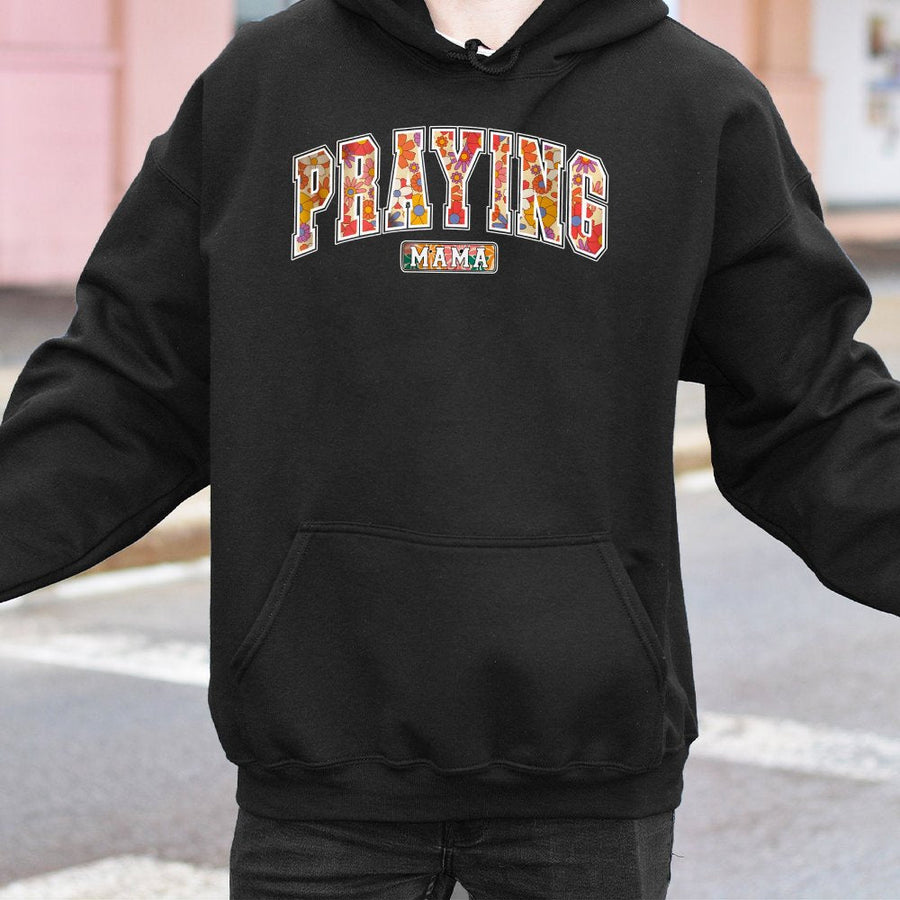 Praying Mama Hoodie | Floral Retro Collegiate Lettering | Premium Cotton-Poly Blend | Christian Mom Gift for Mother's Day 2026