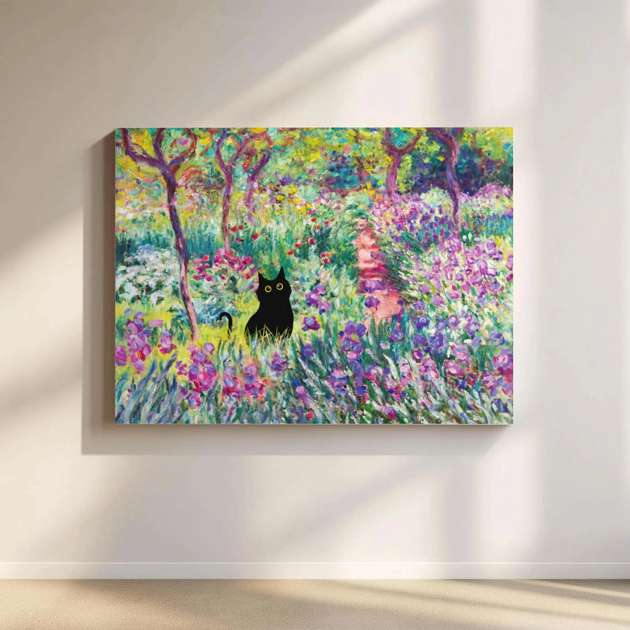 Black Cat Wall Art | Impressionist Garden Oil Painting Style | Premium 1.25-Inch Gallery Canvas | Artistic Gift for Cat Lovers