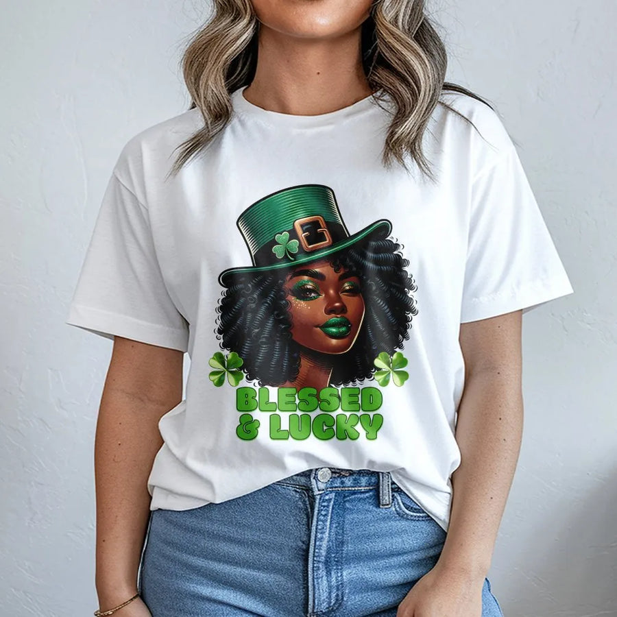 Blessed And Lucky St Patrick's Day T-Shirt | Afro Girl Leprechaun Graphic | 100% Cotton Premium Tee | Black Girl Magic Gift For Women