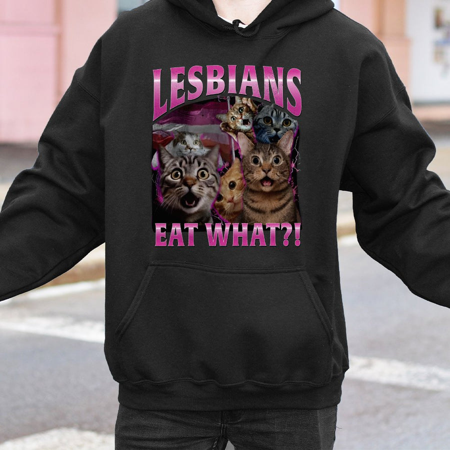 Funny Cat Meme Hoodie | Lesbians Eat What Retro Graphic | Premium Cotton Blend Unisex Sweatshirt | LGBTQ Pride Gift for Cat Lovers