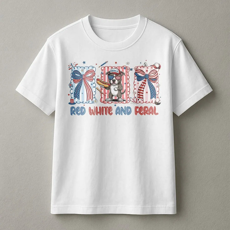 Red White and Feral T-Shirt | Funny Patriotic Dog Graphic Sweatshirt | Premium Cotton-Blend Pullover | 4th of July Gift for Dog Mom