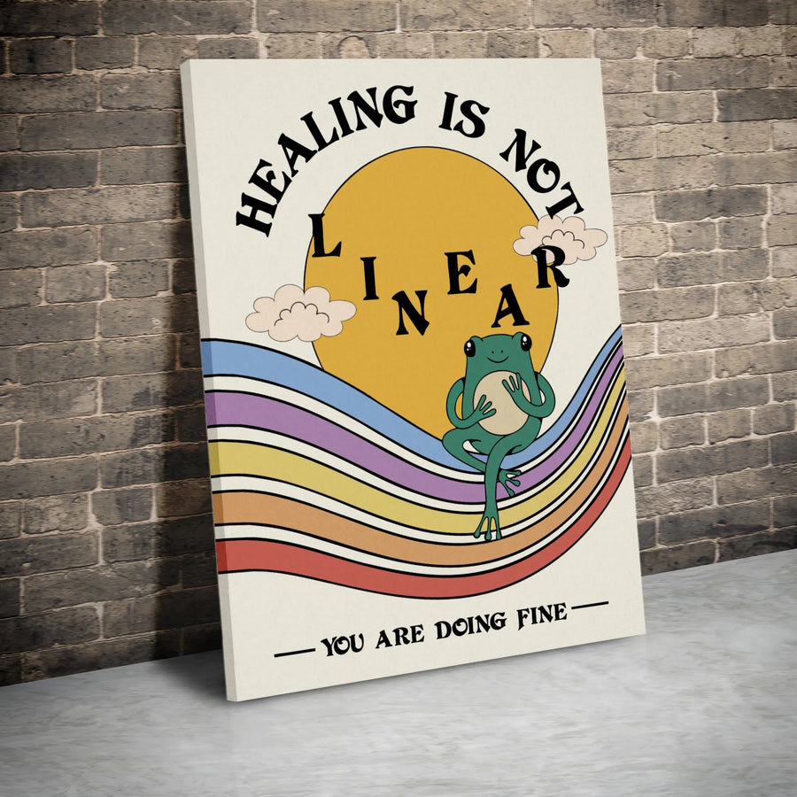 Healing Is Not Linear Wall Art | Retro Frog Rainbow Canvas Print | Gallery Quality 1.25 Inch Wrap | Mental Health Aesthetic Decor Gift