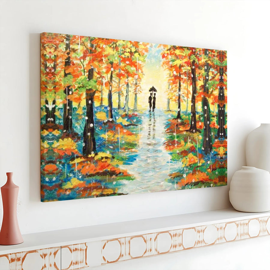 Autumn Forest Couple Painting | Romantic Rainy Walk Impressionist Art | 1.25" Gallery Wrap Canvas | Premium Home Decor Gift