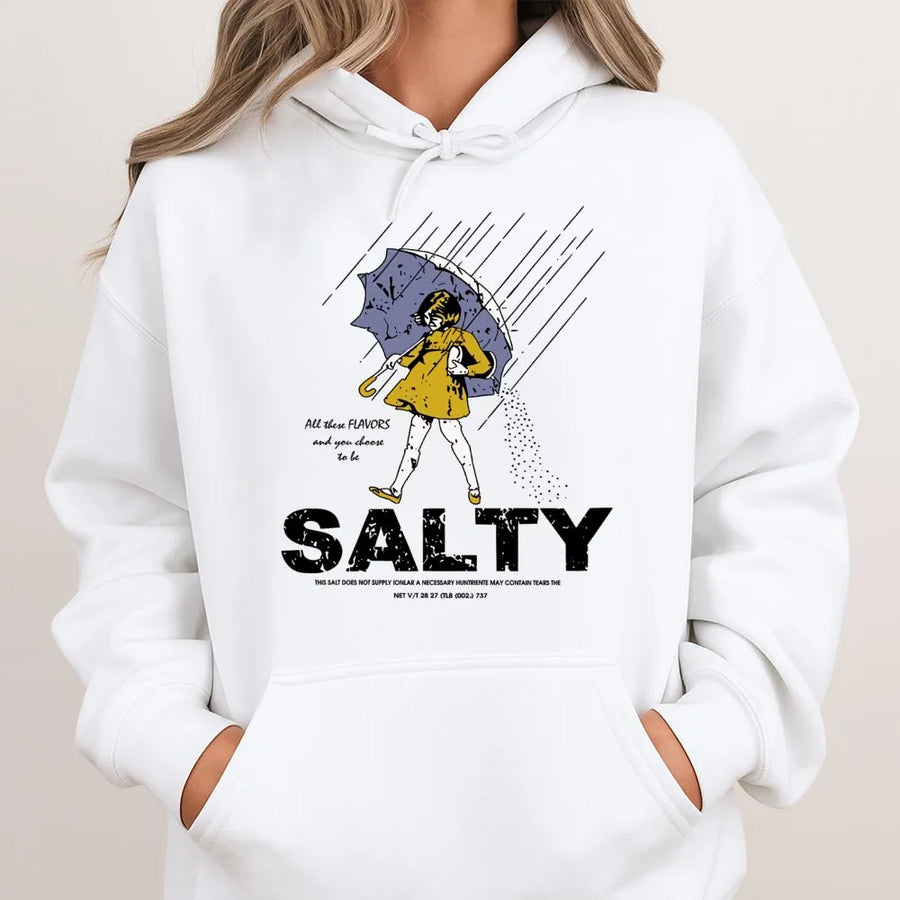 Salty Graphic Hoodie | Retro Umbrella Rain Design | Premium Cotton Blend | Funny Sarcastic Gift for Her or Him