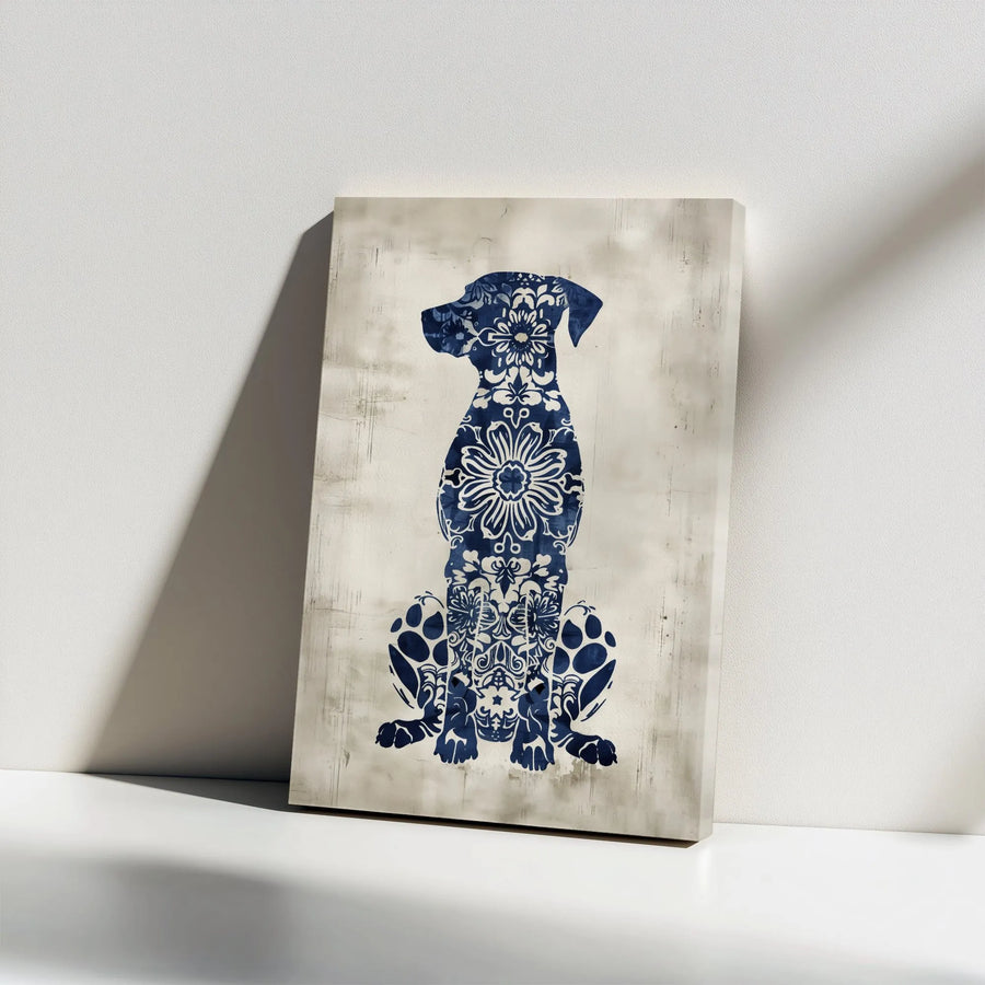 Floral Dog Silhouette Vertical Canvas | Blue Damask Pattern Pet Art | Premium 1.25" Thick Print | Gift for Dog Lovers & Pet Owners