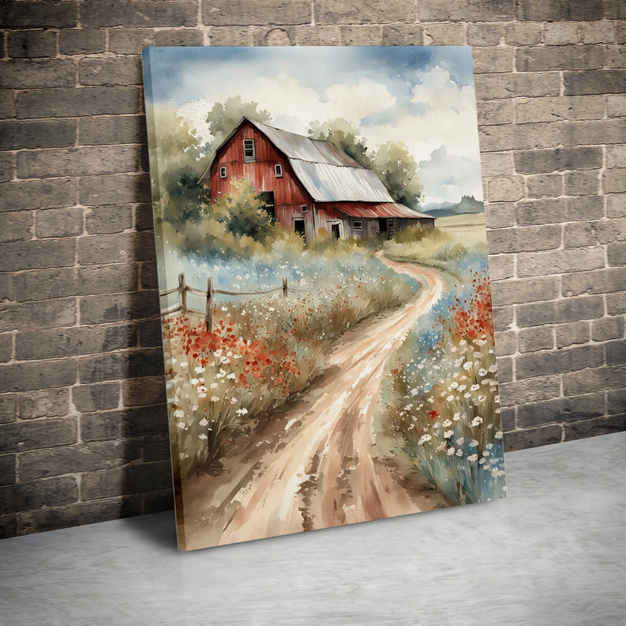 Rustic Red Barn Canvas Wall Art | Watercolor Countryside Painting with Wildflowers | Premium Gallery Wrap Print | Farmhouse Living Room Decor Gift